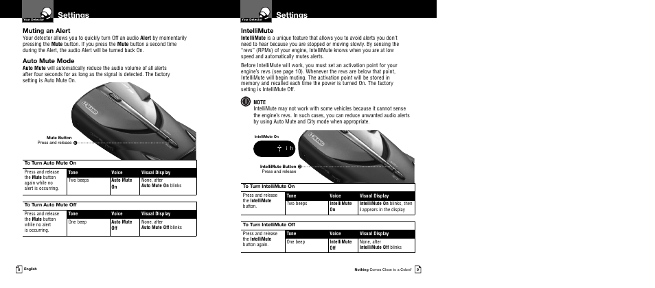 Settings, Muting an alert, Auto mute mode | Intellimute | Cobra Electronics XRS 9545 User Manual | Page 7 / 15