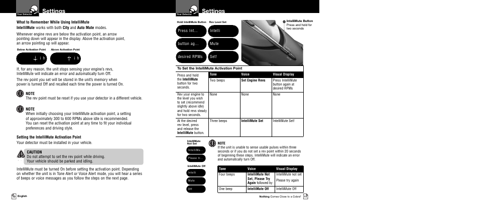 Settings, I h press int... button ag... desired rpms, Intelli mute set | Cobra Electronics XRS 9545 User Manual | Page 8 / 15