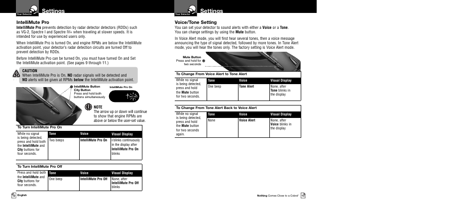Settings, Intellimute pro, Voice/tone setting | Cobra Electronics XRS 9545 User Manual | Page 9 / 15