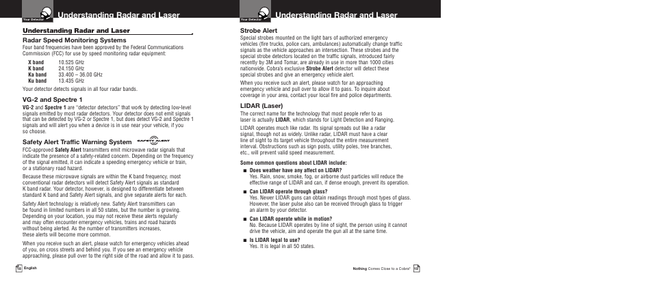 Understanding radar and laser, Radar speed monitoring systems, Vg-2 and spectre 1 | Safety alert traffic warning system, Strobe alert, Lidar (laser) | Cobra Electronics XRS9430 User Manual | Page 12 / 15