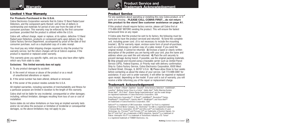 Product service and trademark acknowledgement, Warranty, Limited 1-year warranty | Product service, Trademark acknowledgement | Cobra Electronics XRS9430 User Manual | Page 14 / 15