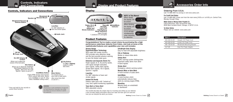Display and product features, Controls, indicators and connections, Accessories order info | X k ka v s, Product features, Display, Ordering from u.s.a | Cobra Electronics XRS9430 User Manual | Page 2 / 15