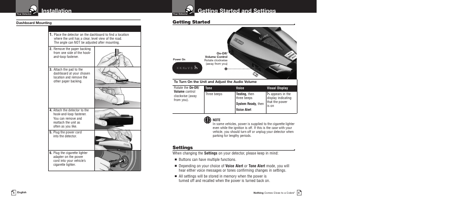 Getting started and settings, Installation, Getting started | Settings, Buttons can have multiple functions | Cobra Electronics XRS9430 User Manual | Page 5 / 15