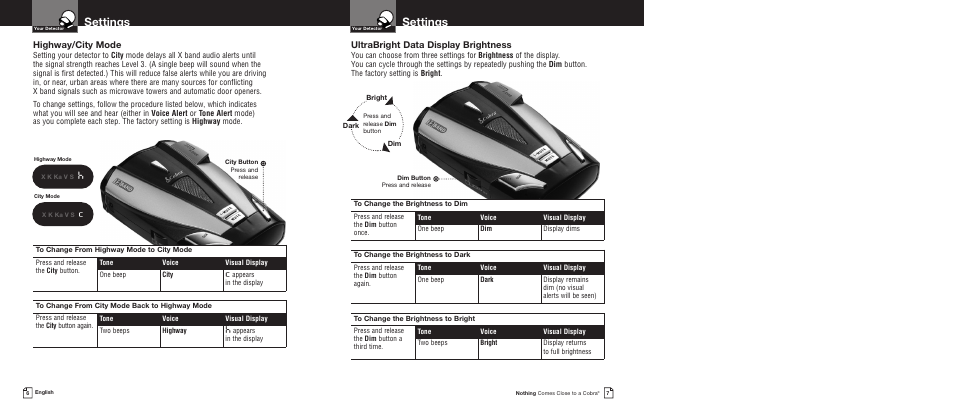 Settings, Ultrabright data display brightness, Highway/city mode | Cobra Electronics XRS9430 User Manual | Page 6 / 15