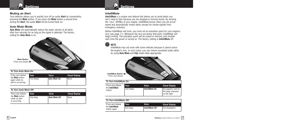 Settings, Muting an alert, Auto mute mode | Intellimute | Cobra Electronics XRS9430 User Manual | Page 7 / 15