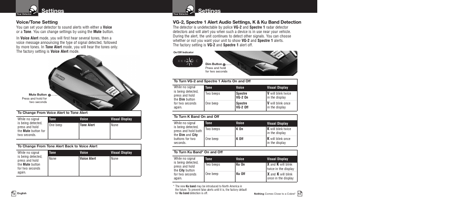 Settings, Voice/tone setting | Cobra Electronics XRS9430 User Manual | Page 9 / 15