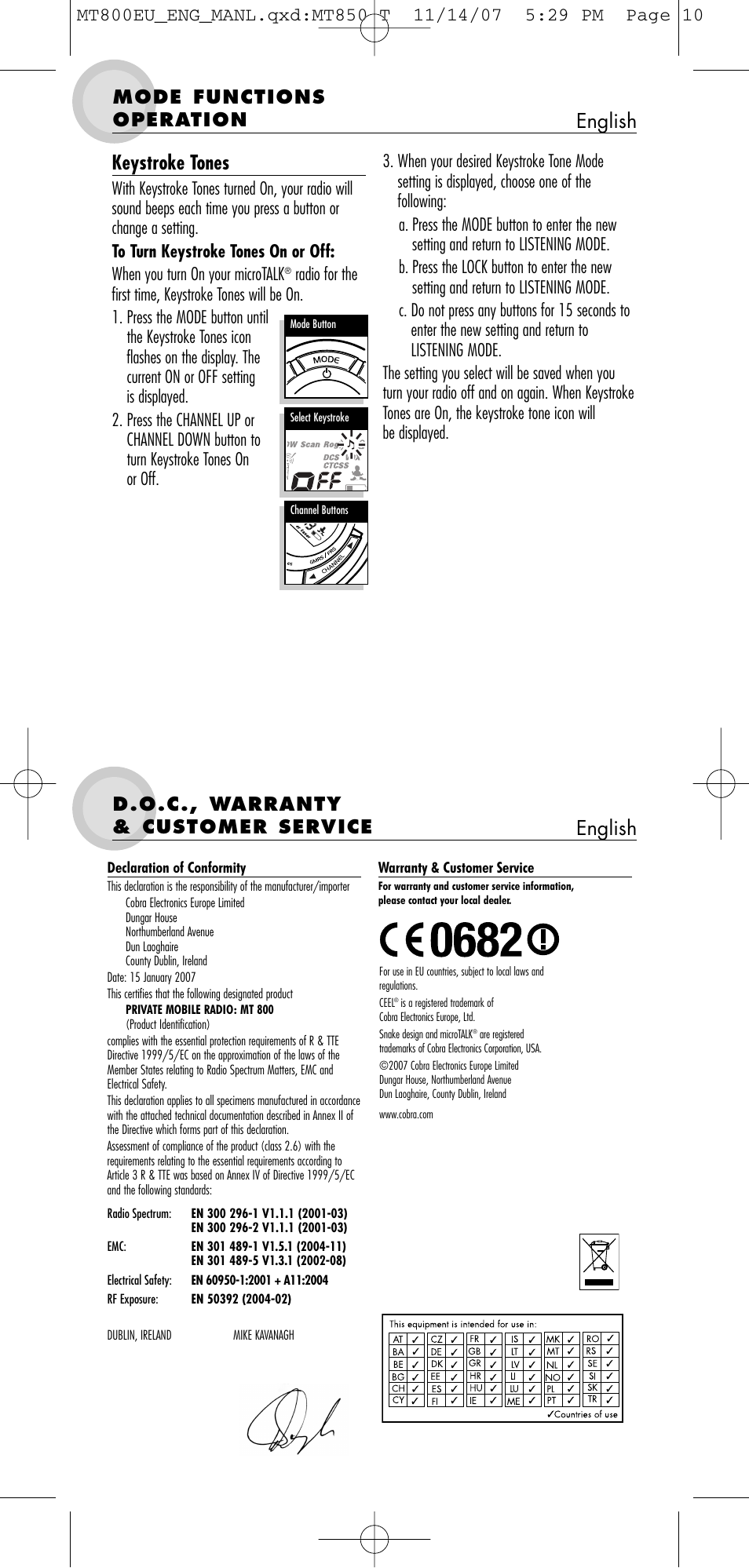 English, Keystroke tones, D.o.c., warranty & customer service | Mode functions operation | Cobra Electronics microTALK 800 User Manual | Page 2 / 2