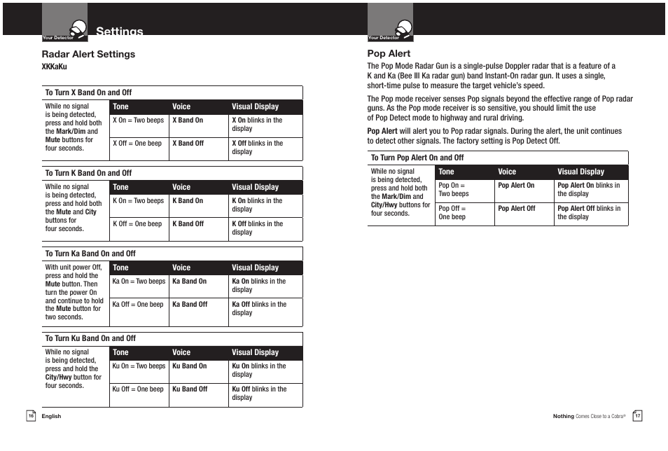 Settings, Radar alert settings, Pop alert | Cobra Electronics COBRA XRS 9550G User Manual | Page 11 / 19