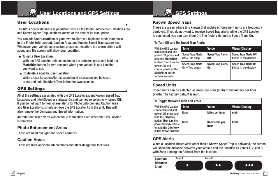 User locations and gps settings, Gps settings | Cobra Electronics COBRA XRS 9550G User Manual | Page 16 / 19