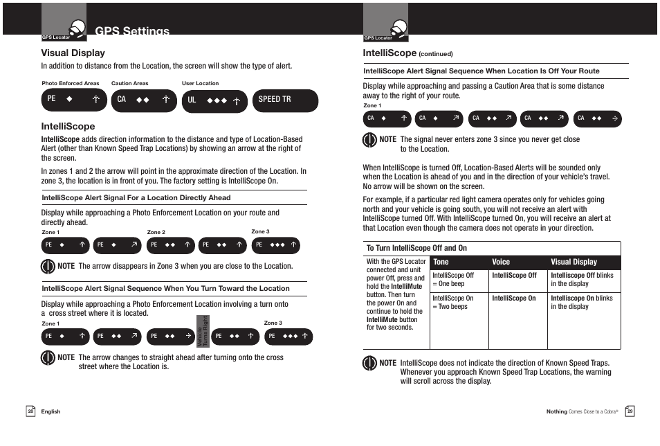 Gps settings, Visual display, Intelliscope | Cobra Electronics COBRA XRS 9550G User Manual | Page 17 / 19