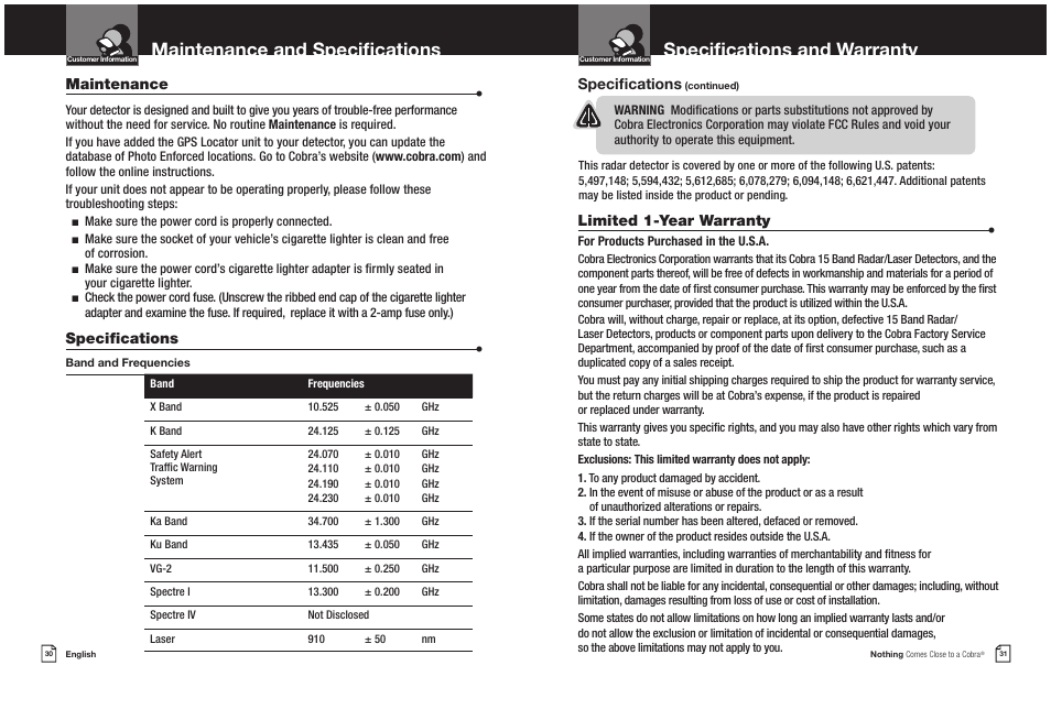 Maintenance and specifications, Specifications and warranty, Maintenance | Specifications, Limited 1-year warranty | Cobra Electronics COBRA XRS 9550G User Manual | Page 18 / 19