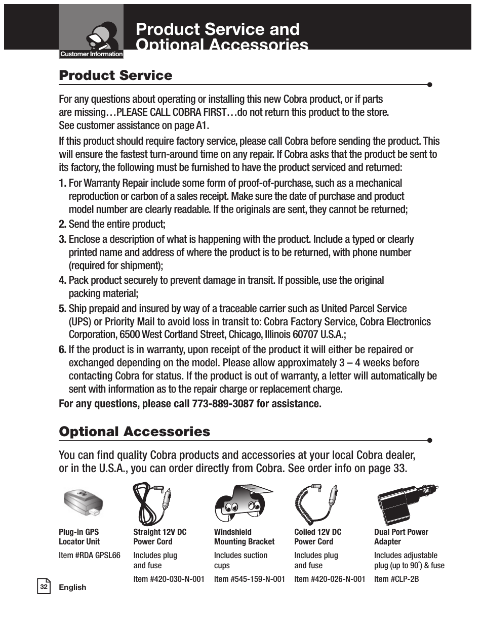Product service and optional accessories, Product service, Optional accessories | Cobra Electronics COBRA XRS 9550G User Manual | Page 19 / 19