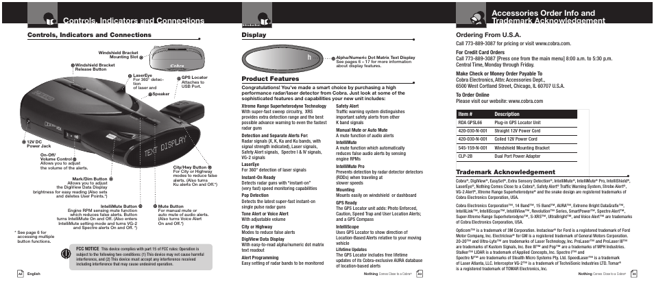 Ordering from u.s.a, Trademark acknowledgement | Cobra Electronics COBRA XRS 9550G User Manual | Page 2 / 19