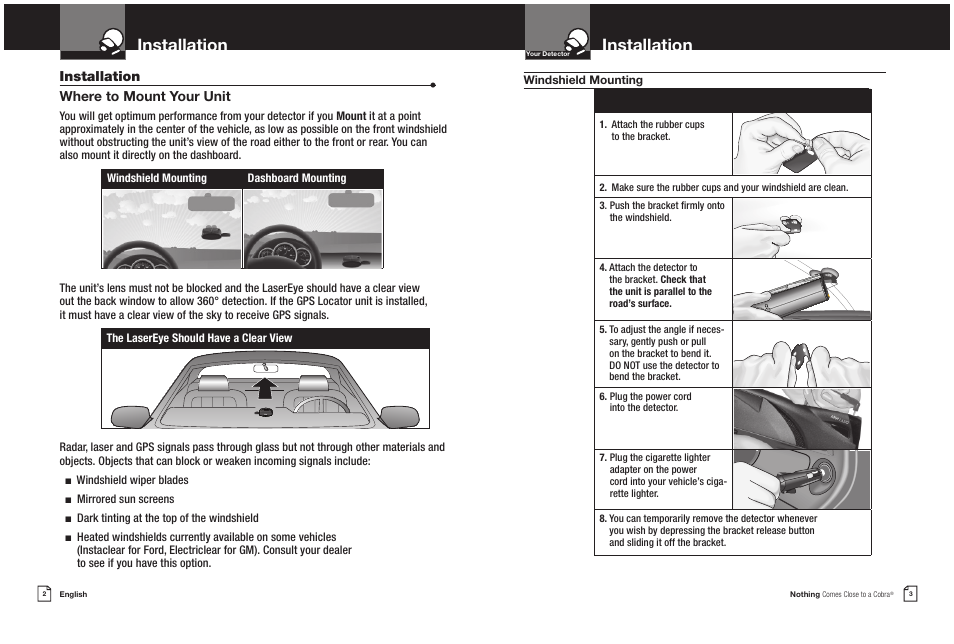 Installation, Installation • where to mount your unit | Cobra Electronics COBRA XRS 9550G User Manual | Page 4 / 19