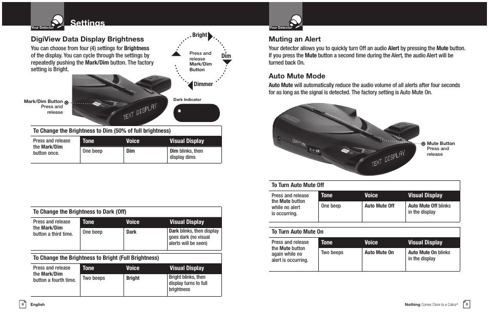 Settings | Cobra Electronics COBRA XRS 9550G User Manual | Page 7 / 19