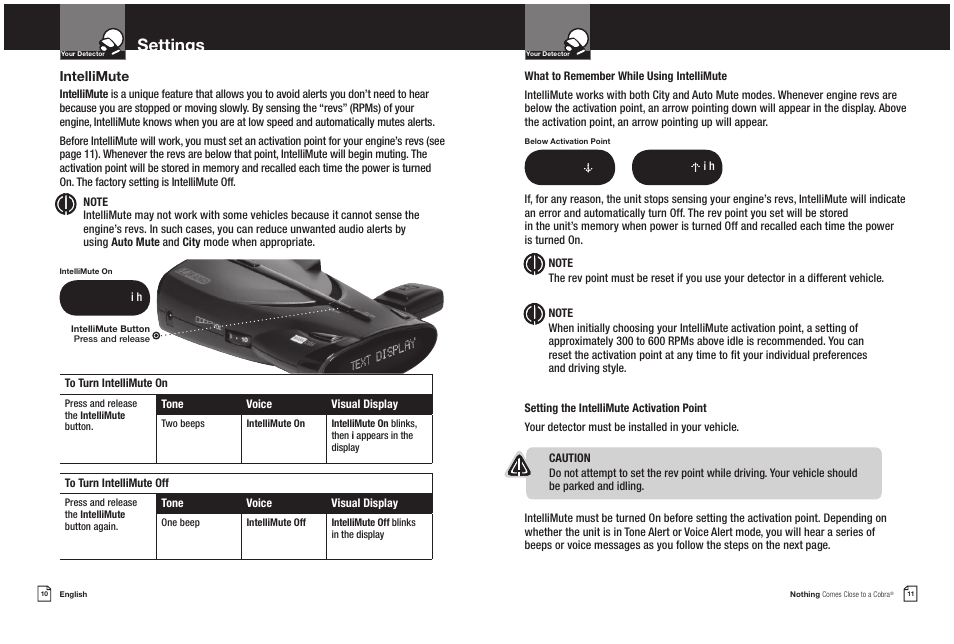 Settings, Intellimute | Cobra Electronics COBRA XRS 9550G User Manual | Page 8 / 19