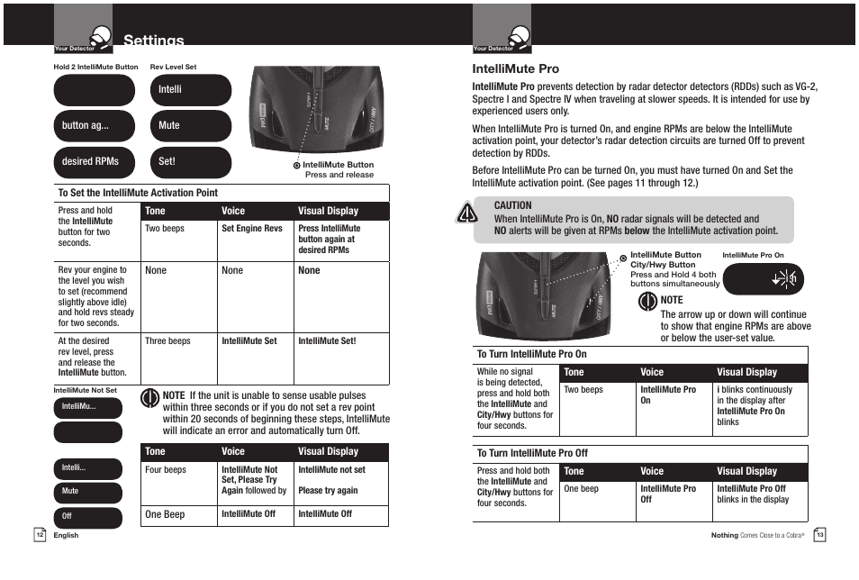 Settings, Intellimute pro | Cobra Electronics COBRA XRS 9550G User Manual | Page 9 / 19