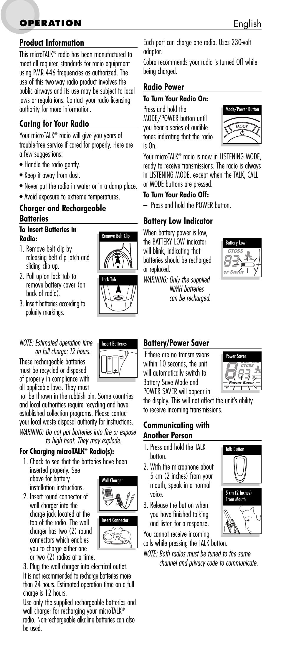 Product information, Caring for your radio, Charger and rechargeable batteries | English, Radio power, Battery low indicator, Battery/power saver, Communicating with another person, Operation | Cobra Electronics microTALK MT 800 User Manual | Page 2 / 10