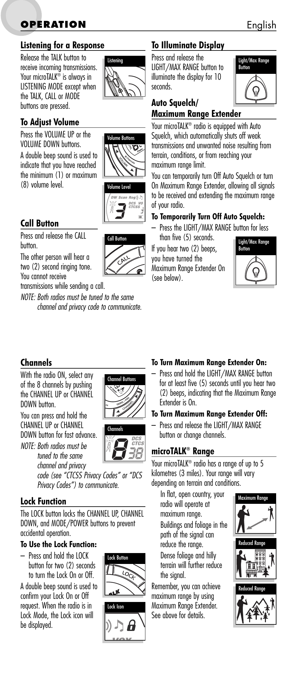 Listening for a response, Call button, English to illuminate display | Auto squelch/ maximum range extender, Channels, Lock function, Microtalk, Range, Operation | Cobra Electronics microTALK MT 800 User Manual | Page 3 / 10