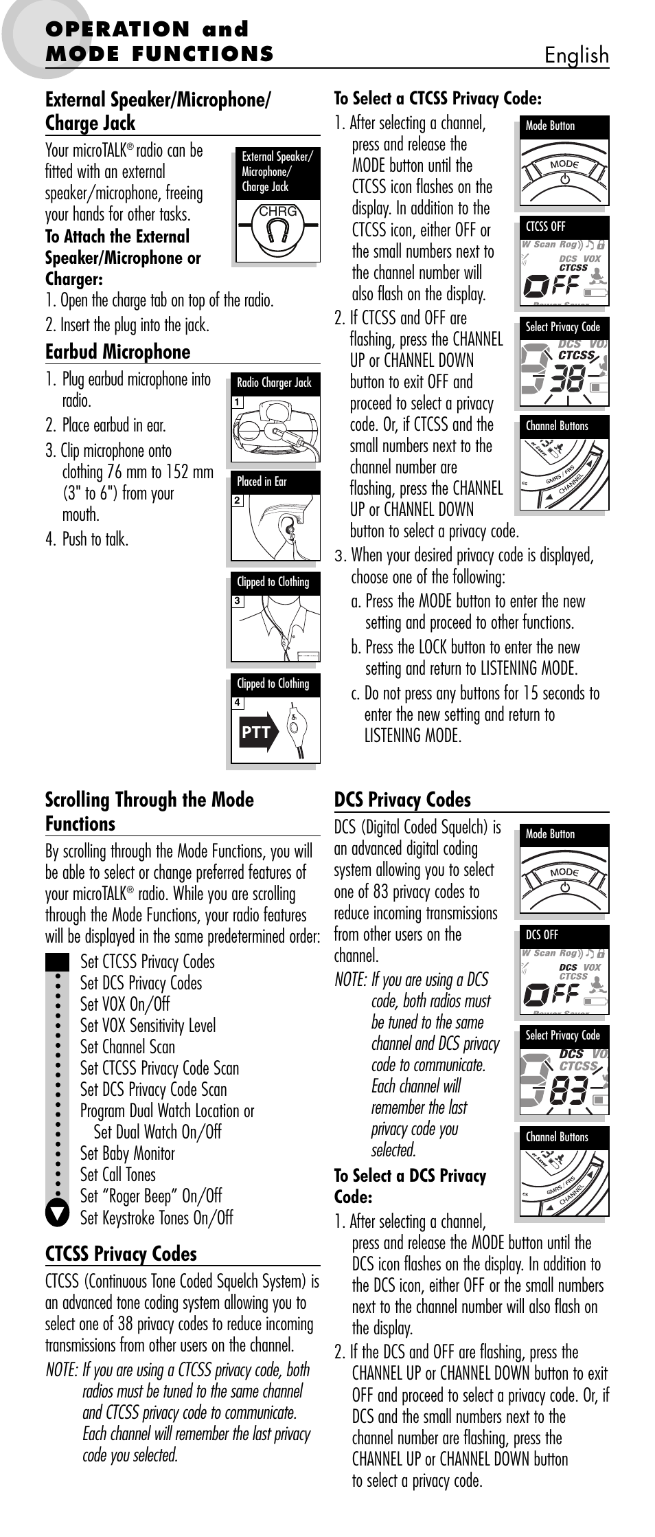External speaker/microphone/ charge jack, Earbud microphone, English | Scrolling through the mode functions, Ctcss privacy codes, Dcs privacy codes, Operation and mode functions | Cobra Electronics microTALK MT 800 User Manual | Page 4 / 10