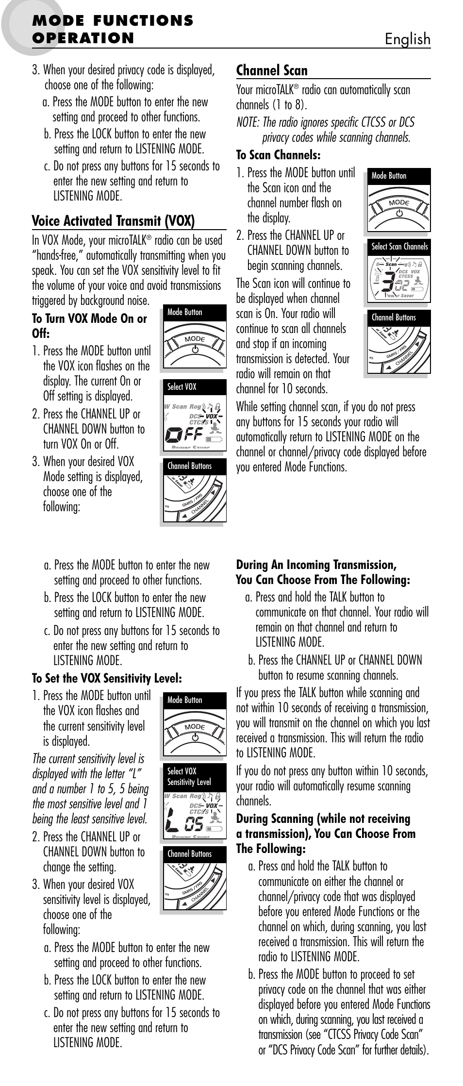 Voice activated transmit (vox), English channel scan | Cobra Electronics microTALK MT 800 User Manual | Page 5 / 10
