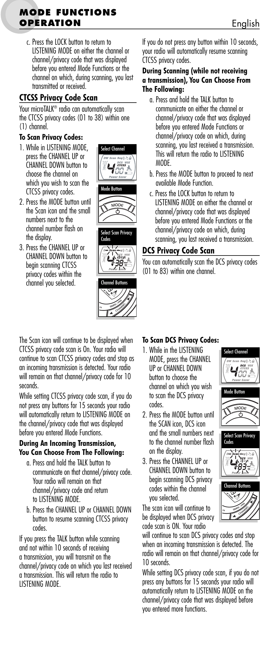 Ctcss privacy code scan, English, Dcs privacy code scan | Cobra Electronics microTALK MT 800 User Manual | Page 6 / 10