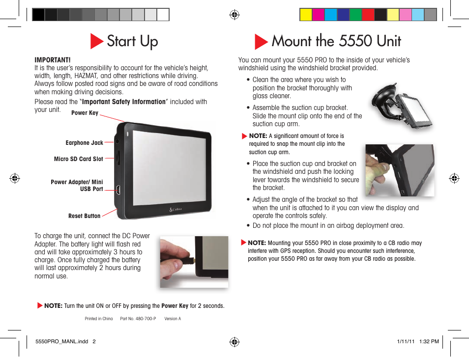 Start up, Mount the 5550 unit | Cobra Electronics 5550 User Manual | Page 2 / 8