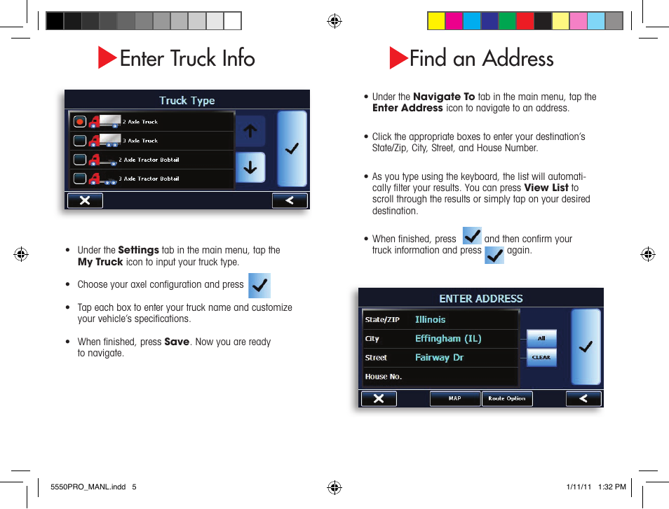 Enter truck info, Find an address | Cobra Electronics 5550 User Manual | Page 5 / 8