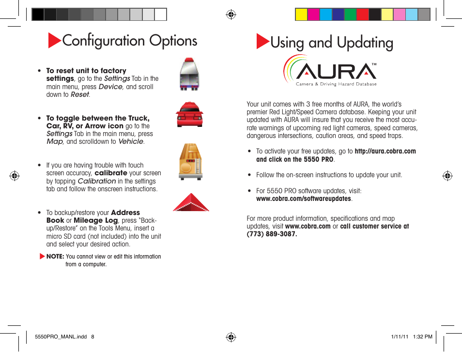 Confi guration options, Using and updating | Cobra Electronics 5550 User Manual | Page 8 / 8