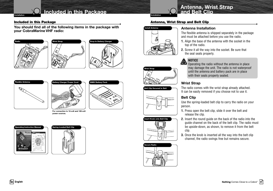 Antenna installation, Wrist strap, Belt clip | Included in this package, Antenna, wrist strap and belt clip | Cobra Electronics MRHH325VP User Manual | Page 19 / 35