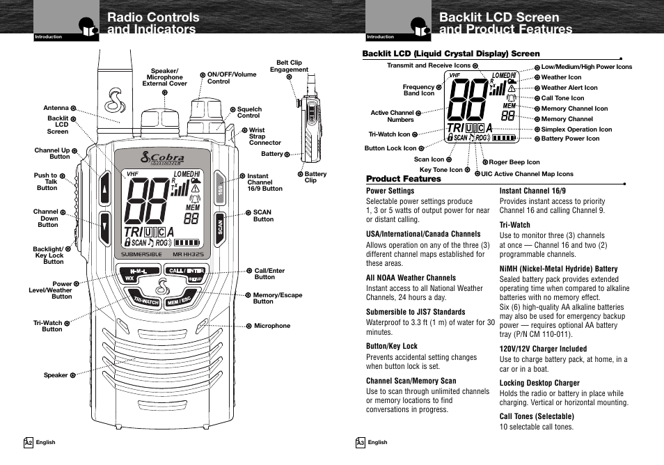 Backlit lcd screen and product features, Radio controls and indicators | Cobra Electronics MRHH325VP User Manual | Page 2 / 35