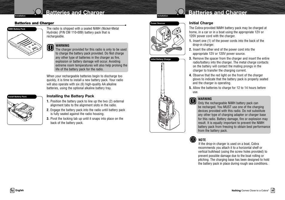 Batteries and charger, Installing the battery pack, Initial charge | Cobra Electronics MRHH325VP User Manual | Page 20 / 35