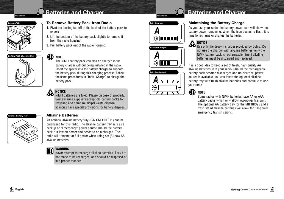 Batteries and charger, Maintaining the battery charge, Alkaline batteries | Cobra Electronics MRHH325VP User Manual | Page 21 / 35