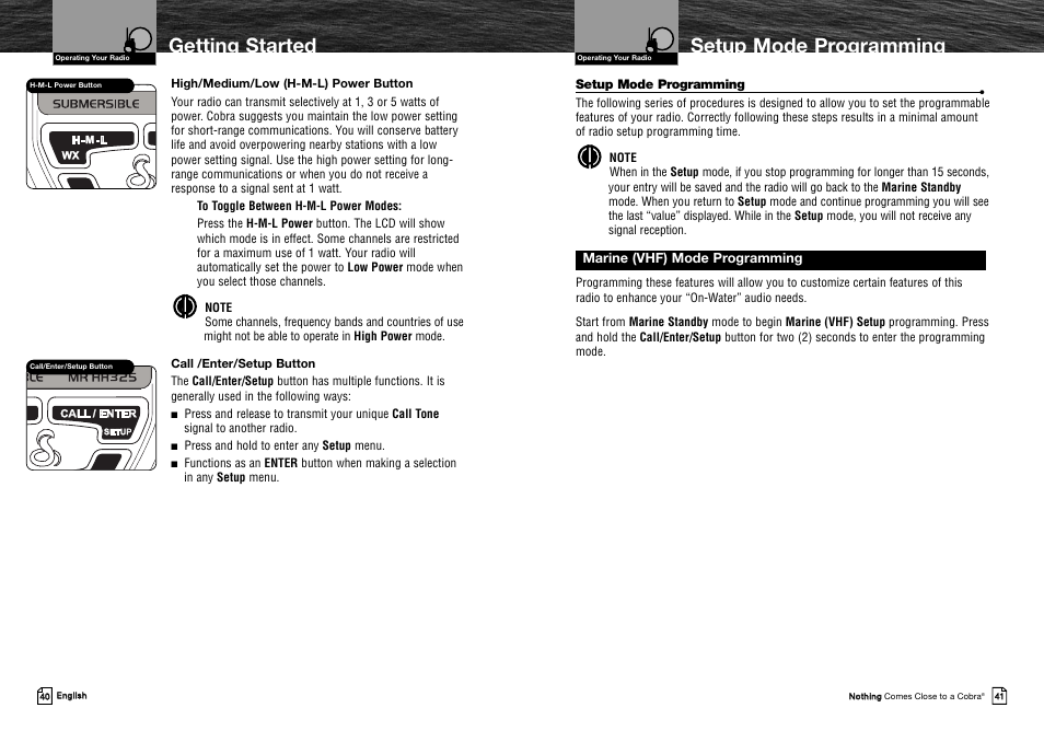 Getting started setup mode programming, Marine (vhf) mode programming, Press and hold to enter any setup menu | Setup mode programming | Cobra Electronics MRHH325VP User Manual | Page 24 / 35
