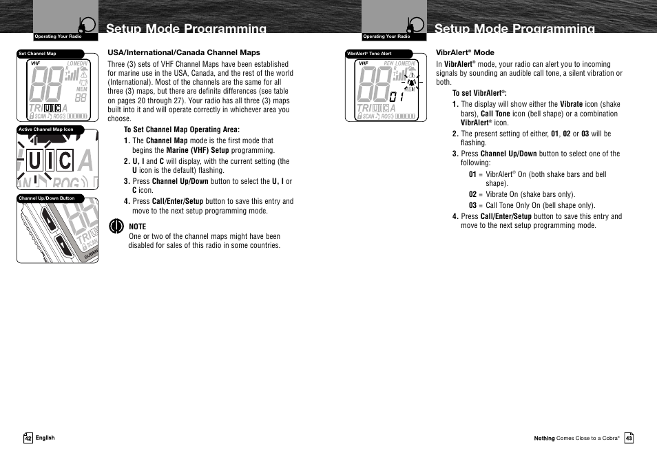 Setup mode programming, Vibralert, Mode in vibralert | Cobra Electronics MRHH325VP User Manual | Page 25 / 35