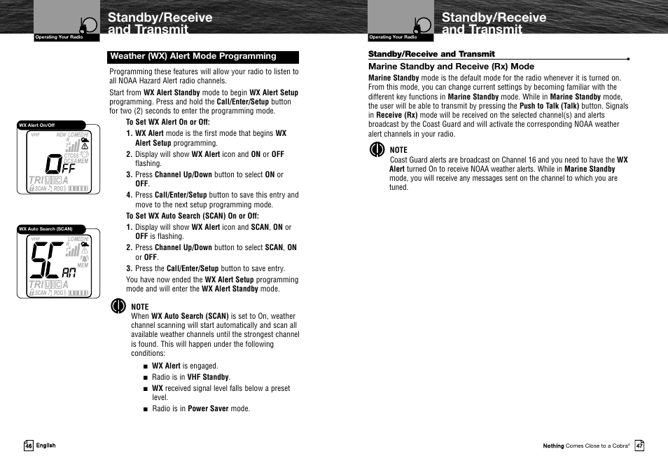 Standby/receive and transmit, Weather (wx) alert mode programming, Marine standby and receive (rx) mode | Wx alert is engaged, Radio is in vhf standby, Radio is in power saver mode | Cobra Electronics MRHH325VP User Manual | Page 27 / 35