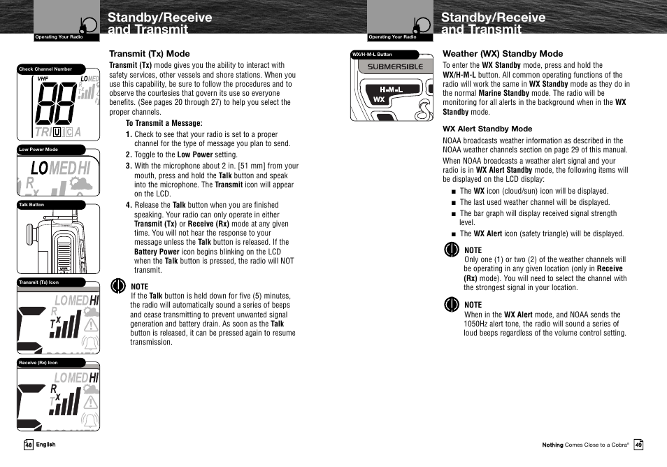 Standby/receive and transmit, Transmit (tx) mode, Weather (wx) standby mode | The wx icon (cloud/sun) icon will be displayed, The last used weather channel will be displayed | Cobra Electronics MRHH325VP User Manual | Page 28 / 35