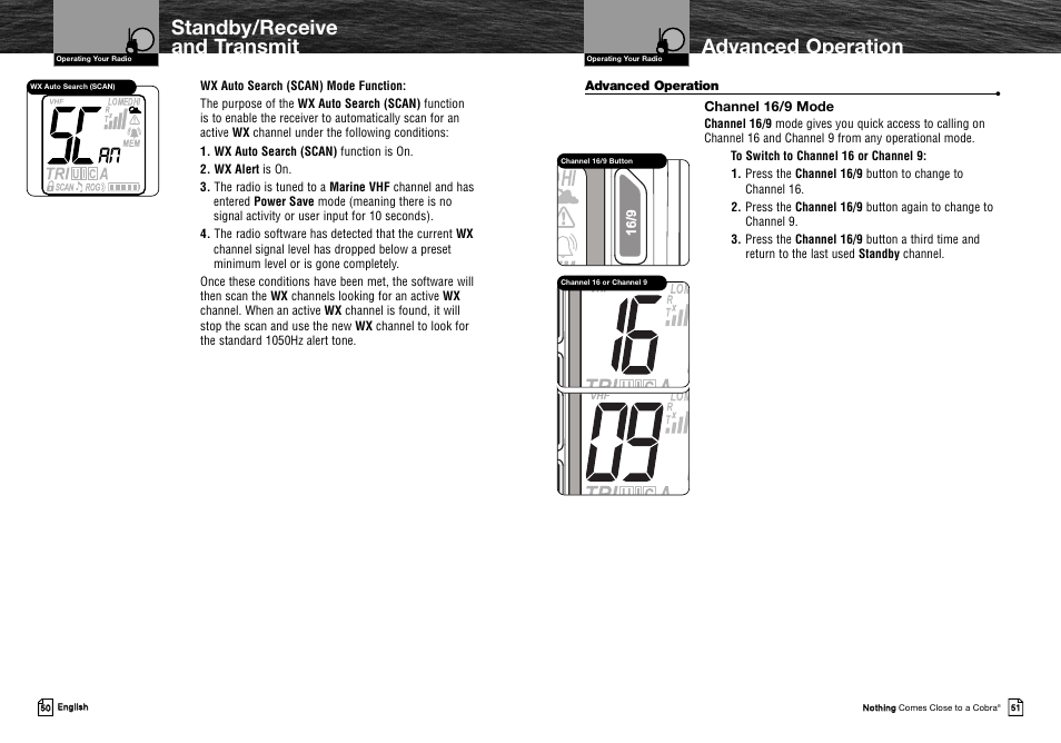 Advanced operation standby/receive and transmit, Channel 16/9 mode | Cobra Electronics MRHH325VP User Manual | Page 29 / 35