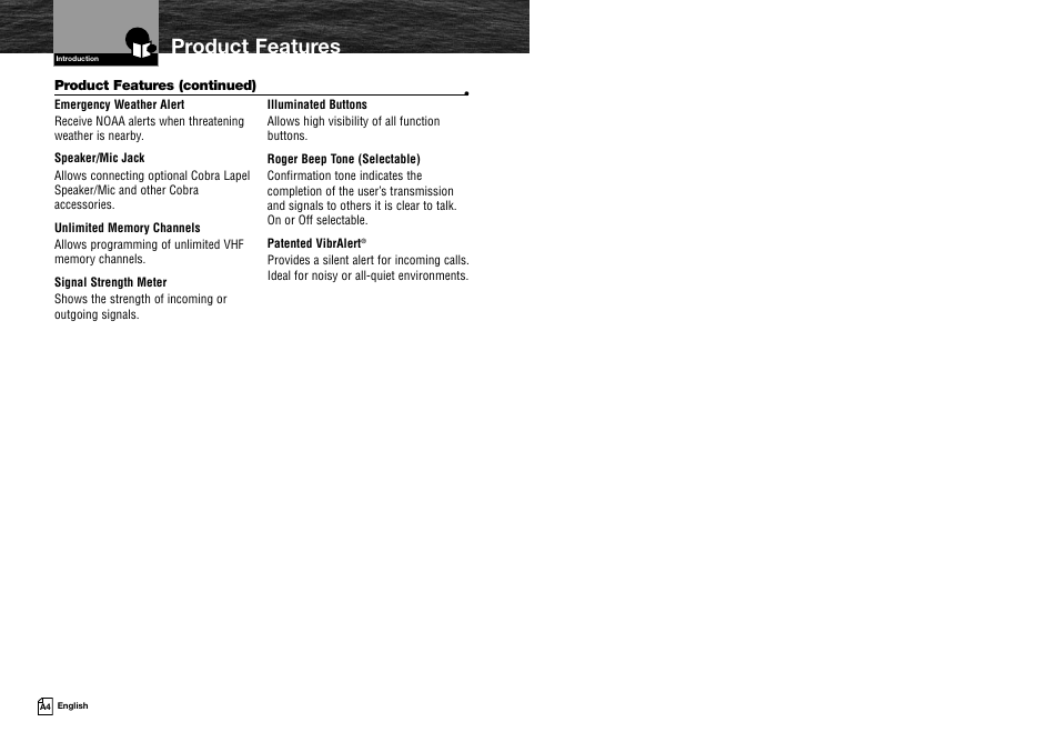 Product features | Cobra Electronics MRHH325VP User Manual | Page 3 / 35