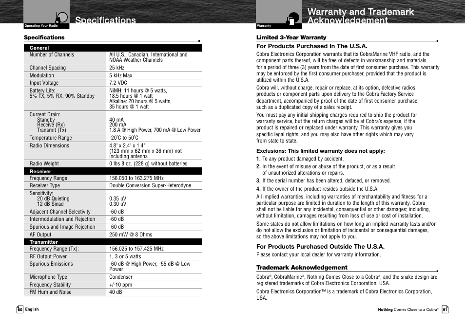 Ssp pe ec ciiffiic ca attiio on ns s | Cobra Electronics MRHH325VP User Manual | Page 34 / 35