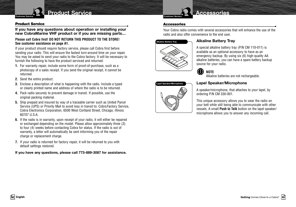 Aac cc ce es ss so orriie es s, Pprro od du uc ctt s se errv viic ce e | Cobra Electronics MRHH325VP User Manual | Page 35 / 35