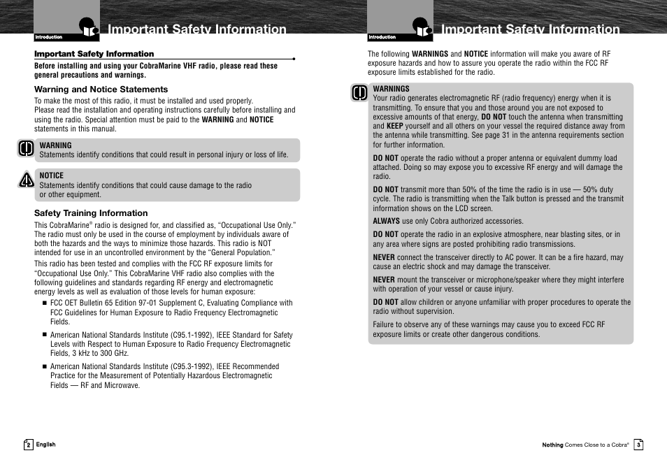 Important safety information, Warning and notice statements, Safety training information | Cobra Electronics MRHH325VP User Manual | Page 5 / 35