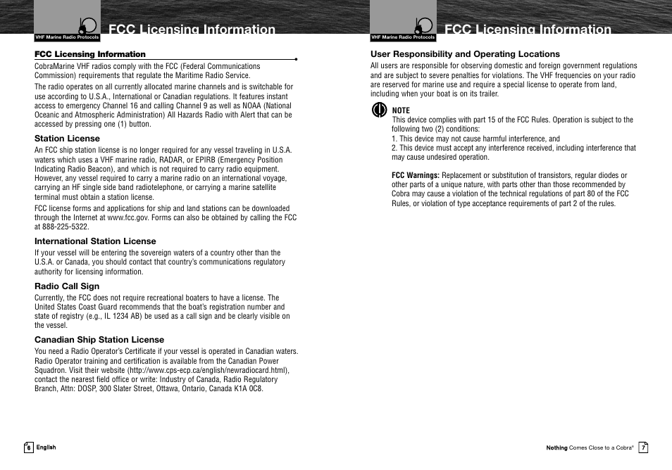 Fcc licensing information, Station license, International station license | Radio call sign, Canadian ship station license, User responsibility and operating locations | Cobra Electronics MRHH325VP User Manual | Page 7 / 35