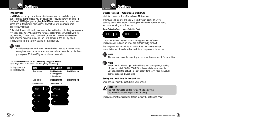 Settings, Intellimute, N w i h | Intelli mute on, Intelli mute off | Cobra Electronics XRS 9740 User Manual | Page 10 / 21