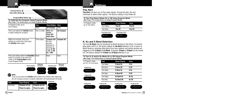 Settings, Pop alert, K, ku and x band detection | Cobra Electronics XRS 9740 User Manual | Page 12 / 21