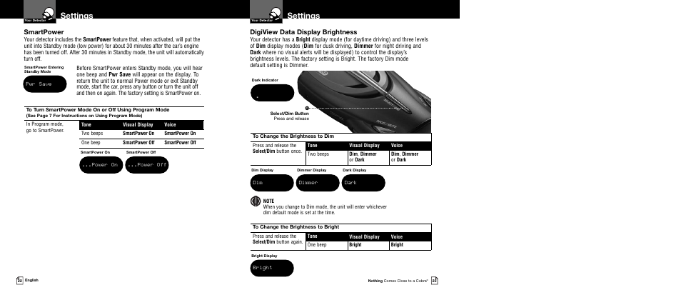 Settings, Digiview data display brightness, Smartpower | Bright, Dimmer, Dark, Pwr save, Power on, Power off | Cobra Electronics XRS 9740 User Manual | Page 14 / 21