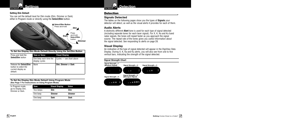 Detection, Settings, Signals detected | Audio alerts, Visual display | Cobra Electronics XRS 9740 User Manual | Page 15 / 21