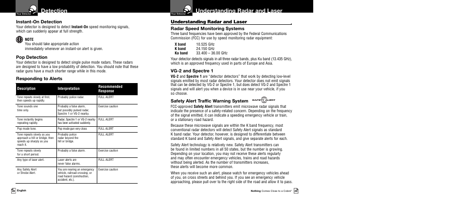 Understanding radar and laser, Detection, Radar speed monitoring systems | Vg-2 and spectre 1, Safety alert traffic warning system, Instant-on detection, Pop detection, Responding to alerts | Cobra Electronics XRS 9740 User Manual | Page 17 / 21