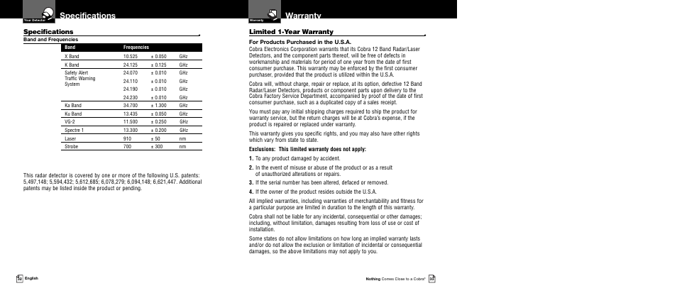 Warranty, Specifications, Limited 1-year warranty | Cobra Electronics XRS 9740 User Manual | Page 19 / 21