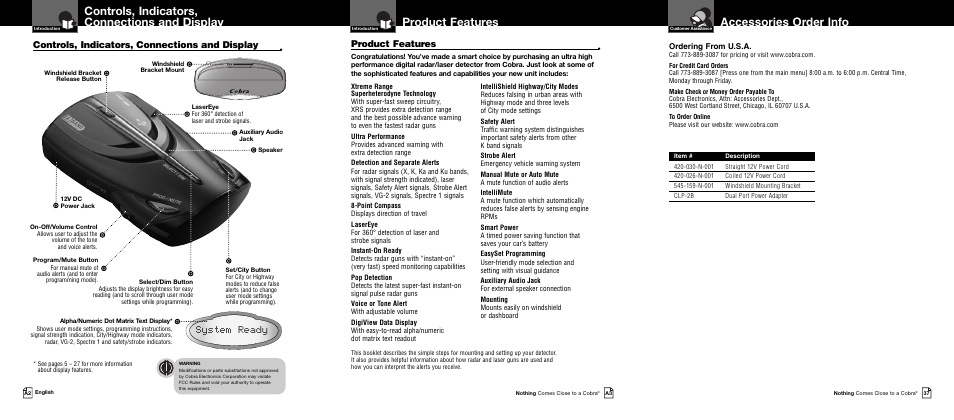 Accessories order info, Product features, Controls, indicators, connections and display | System ready, Ordering from u.s.a | Cobra Electronics XRS 9740 User Manual | Page 2 / 21